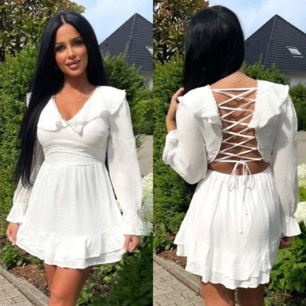White Long Sleeve V-Neck Open Back Ruffle Hem Mini Dress - Picture 1 of 17
